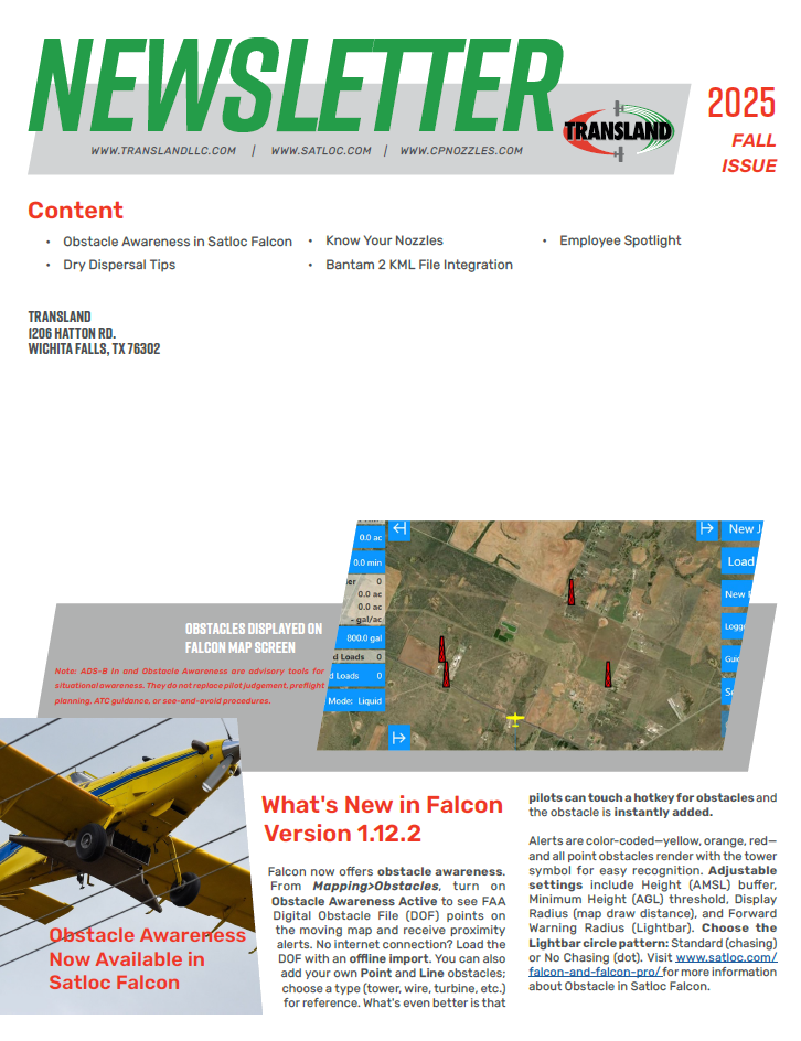 Transland 2025 Fall Newsletter highlighting Satloc Falcon obstacle awareness, dry dispersal tips, Bantam 2 upgrade, and more.