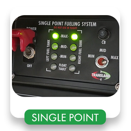 Transland Single Point Fueling System – Cockpit Fuel Control Panel Transland Single Point Fueling System cockpit control panel showing illuminated MAX fuel level indicators for left and right tanks.
