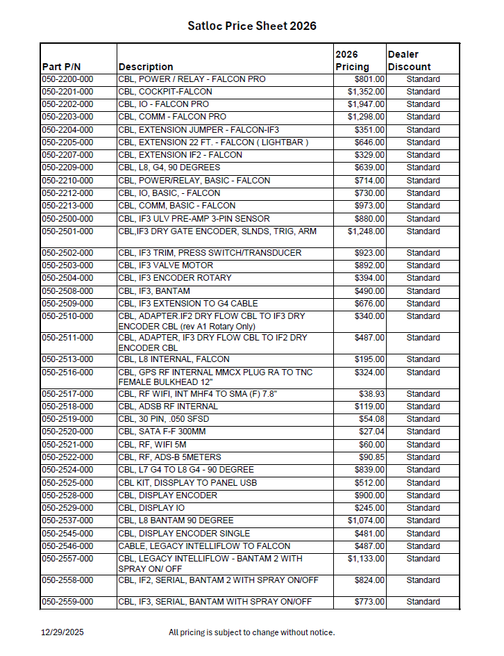 Satloc Price Sheet 2026