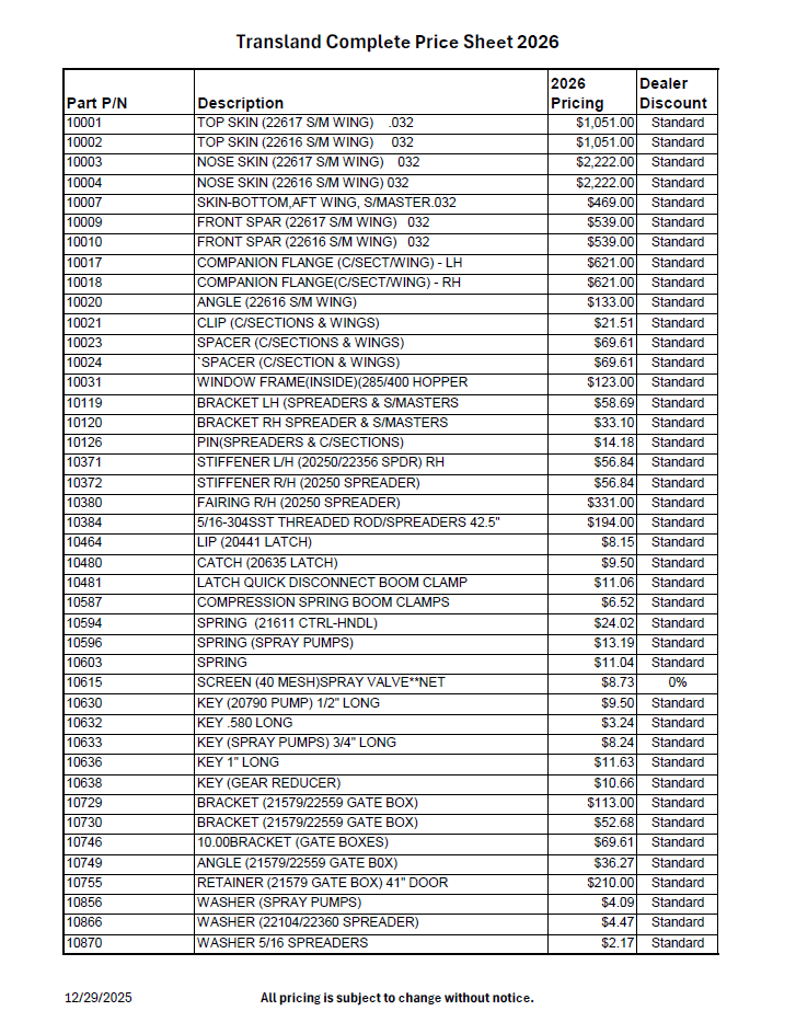 TL Complete Price Sheet 2026