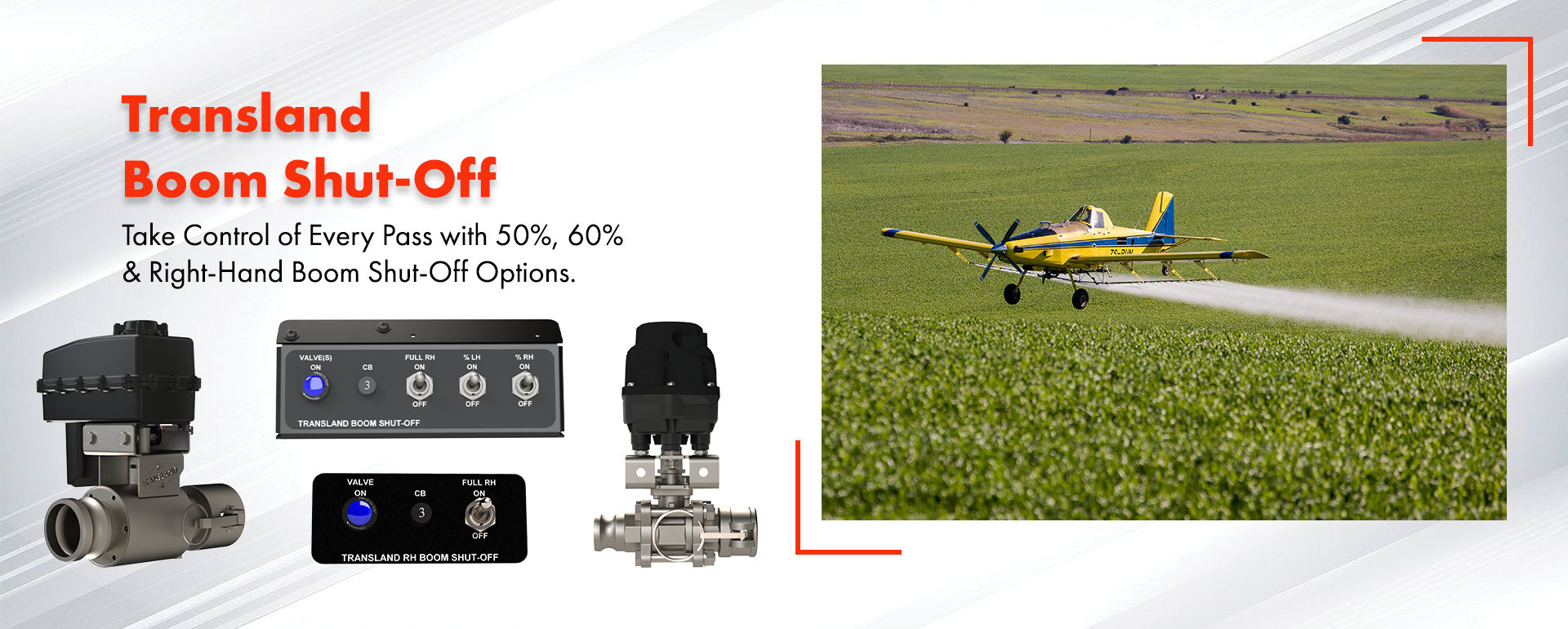 Promotional graphic showing Transland boom shut-off valves and control panels alongside an agricultural spray aircraft applying crop treatment over a green field.