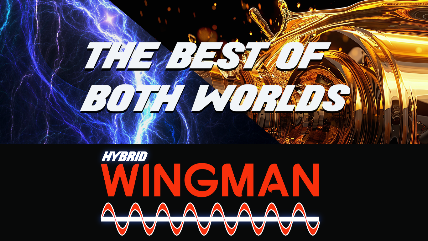 Hybrid Wingman graphic showing electric power and hydraulic auger technology combined in an aircraft load assistant system