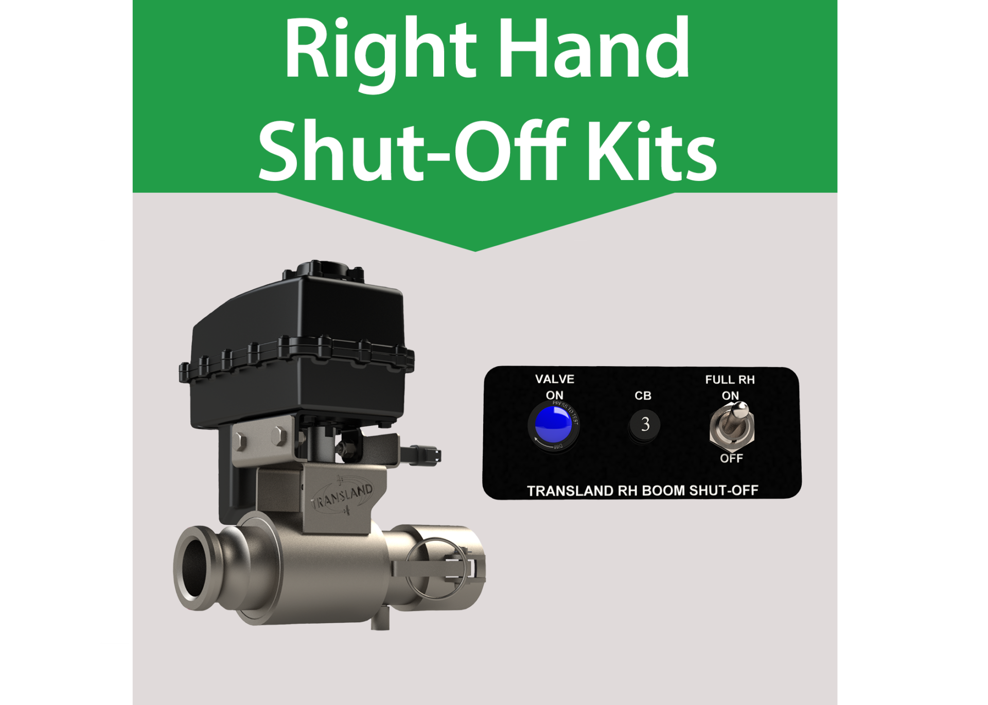 Transland right hand boom shut-off valve kit with electric actuator and control panel labeled Valve On and Full RH On Off