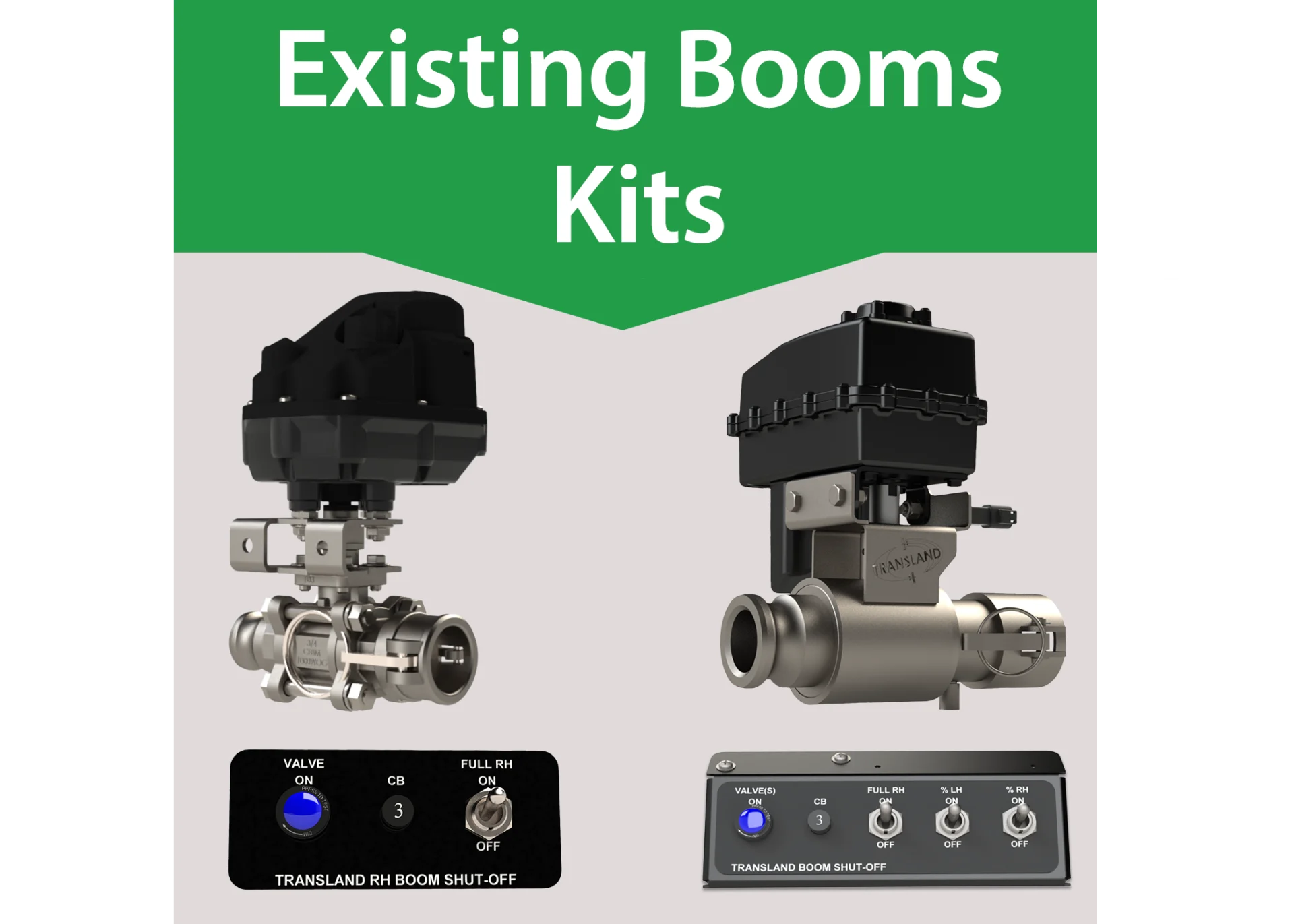 Graphic showing Transland retrofit kits for existing spray booms, including pneumatic shut-off valves and control panel options for left and right boom sections.