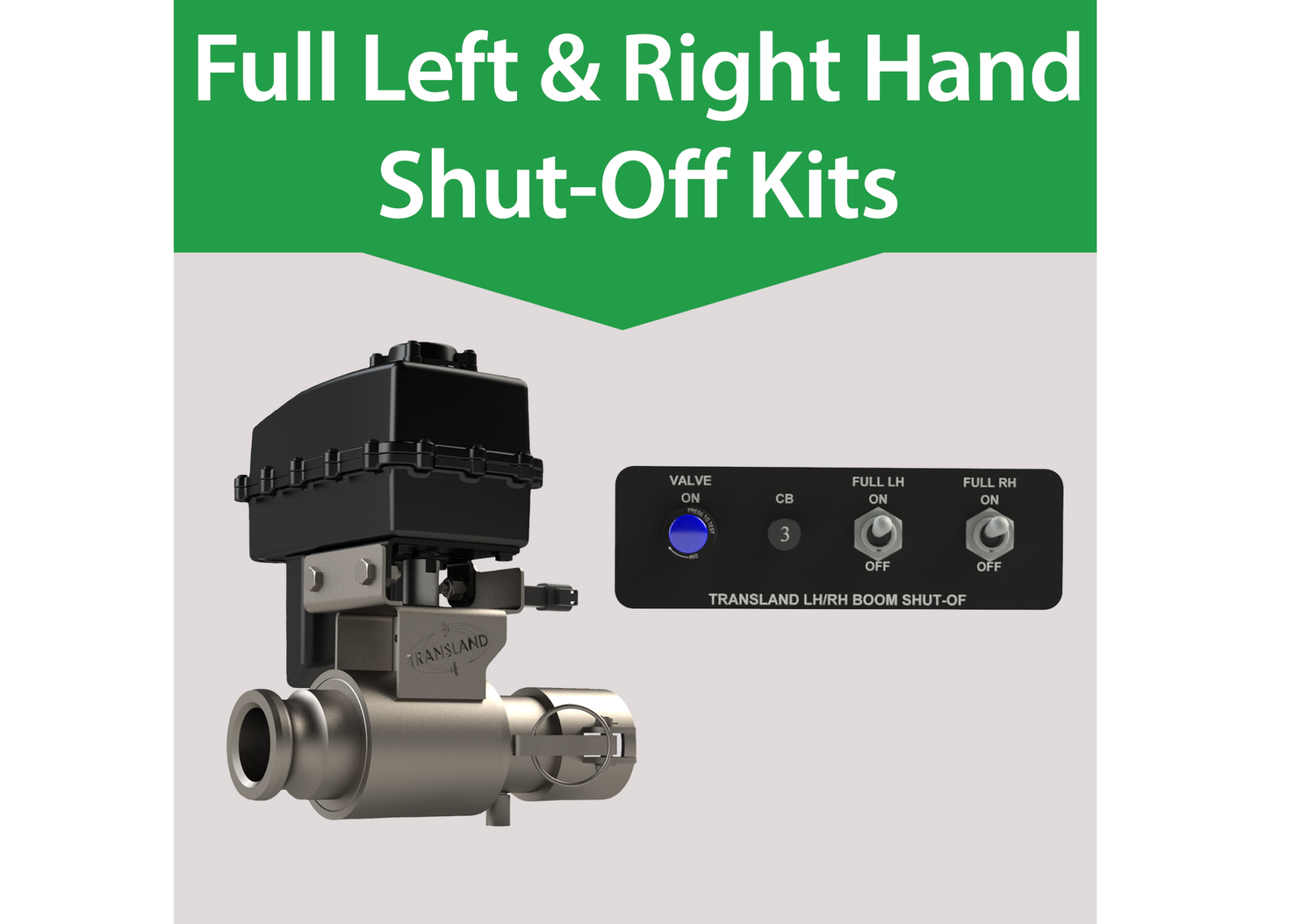 Transland Full Left and Right Hand Boom Shut-Off Kit with electric valve and cockpit control panel for independent boom section control during aerial application.