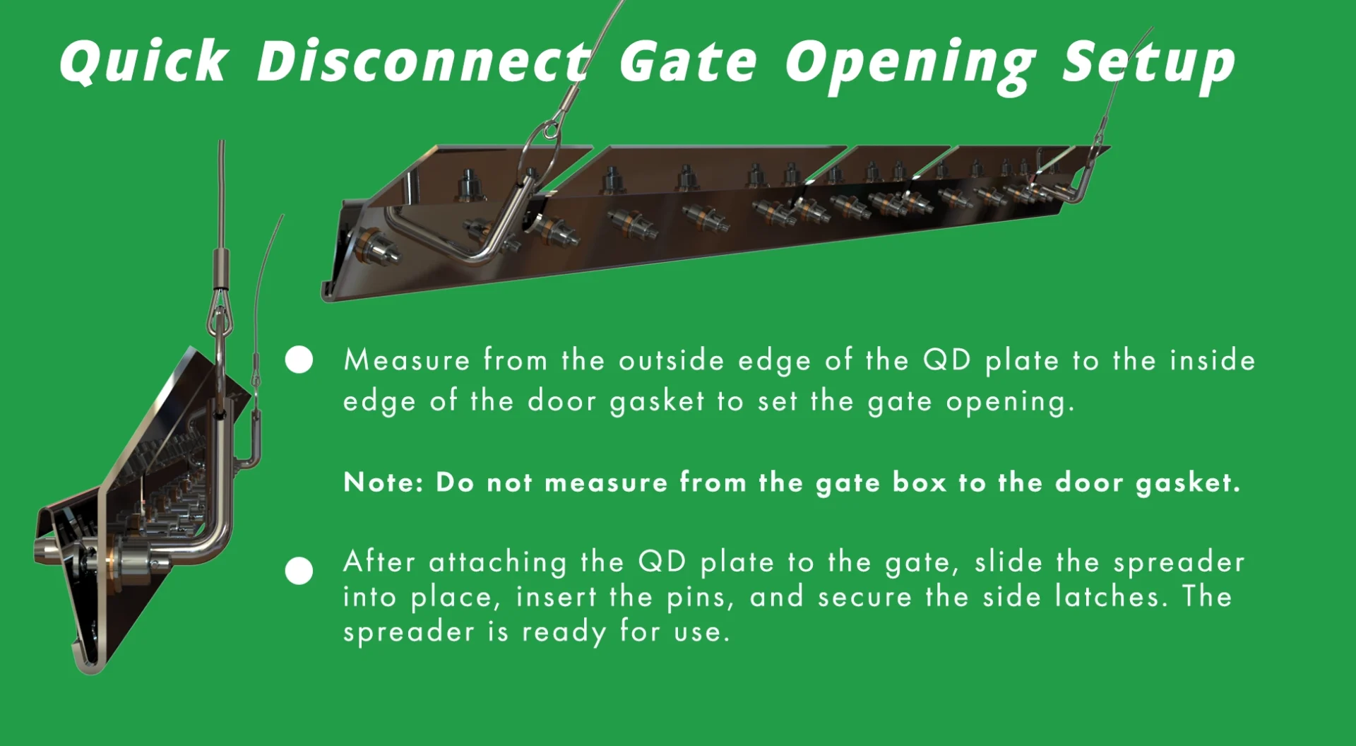 Illustrated setup guide showing how to measure and adjust the Quick Disconnect (QD) gate opening on a Transland gate box spreader.