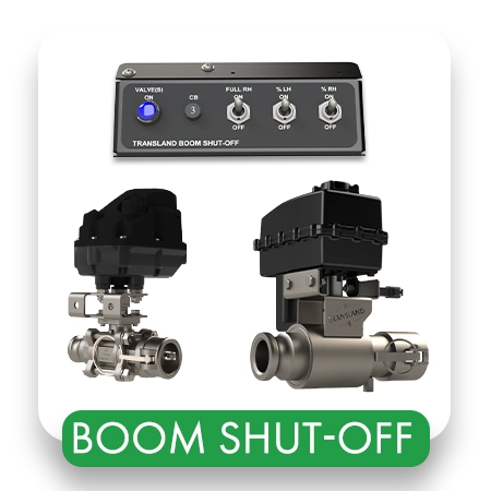 Transland Boom Shut-Off System with Electric Valve Assemblies Transland Boom Shut-Off system featuring an aircraft cockpit control panel and electric stainless steel boom shut-off valve assemblies for agricultural spray aircraft.