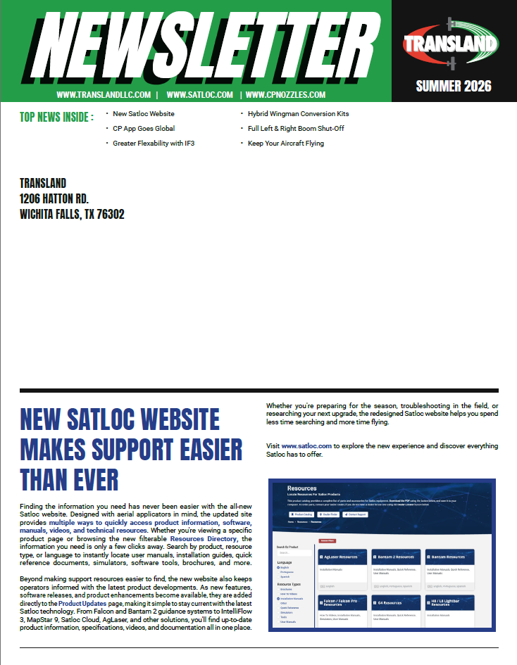 Transland Summer 2026 Newsletter featuring Satloc, CP Nozzles and aerial application product updates